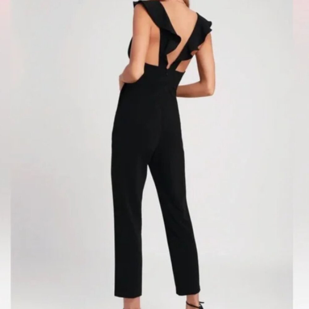 Lulu's Black Ruffle Strap V-Neck Jumpsuit - Size S - Picture 2 of 8